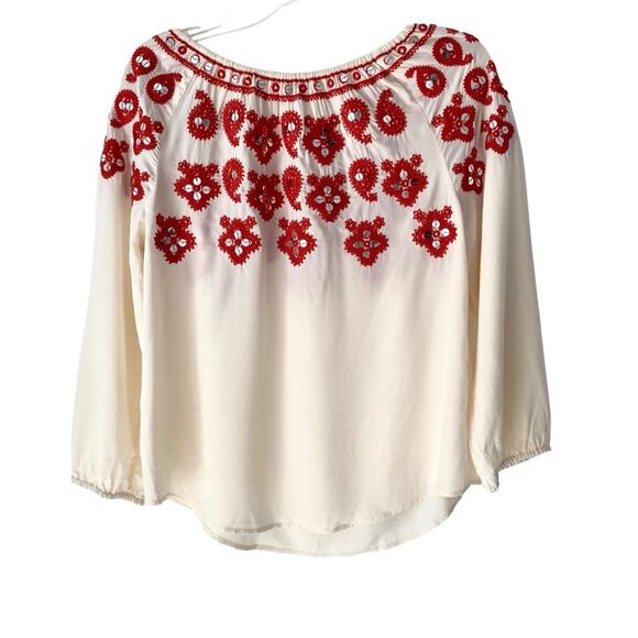Tory Burch Cream Silk Embroidered Mirror Sequin Off Shoulder Blouse size 6 - Picture 7 of 9